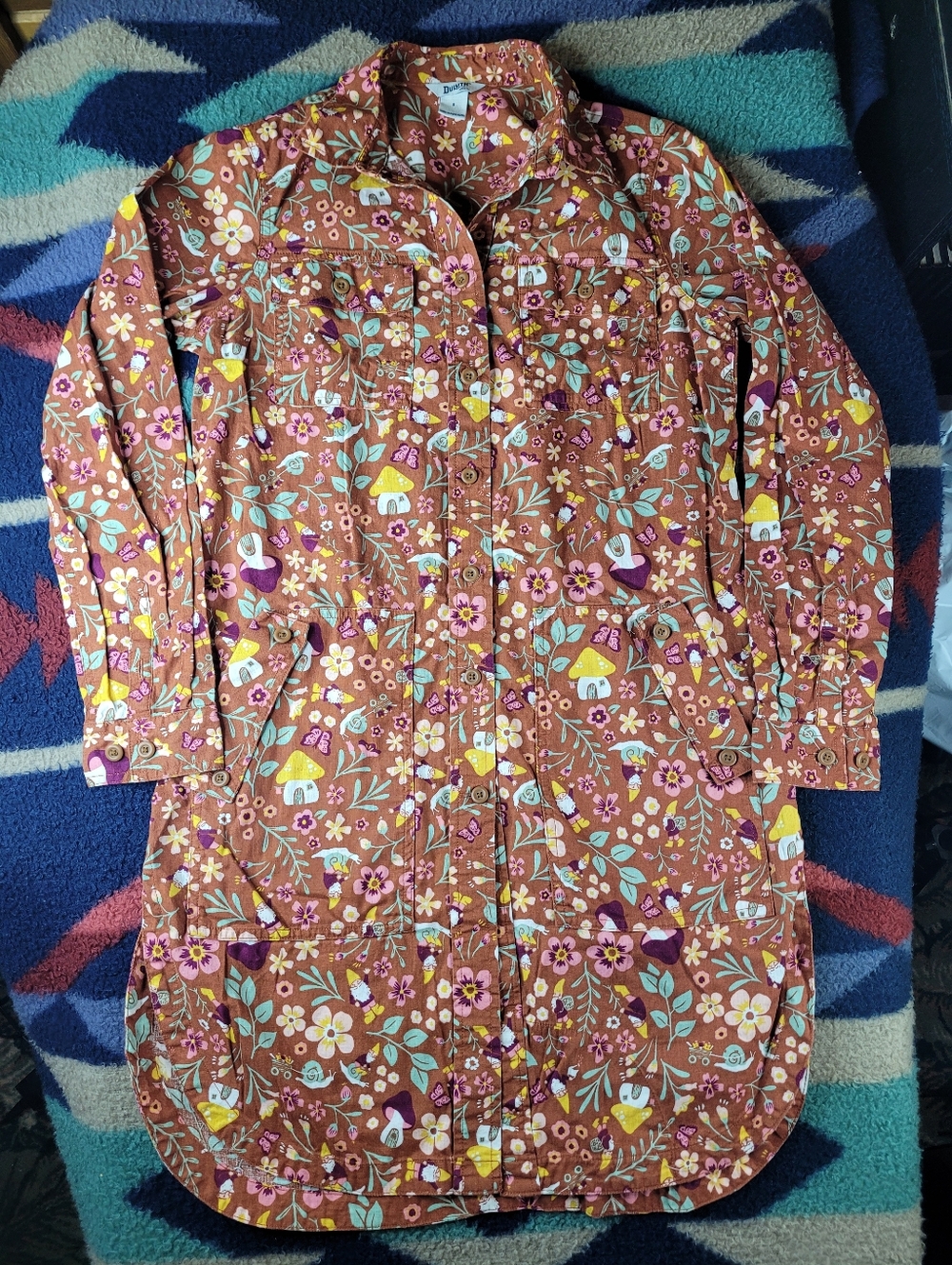 Duluth Trading Co Button Up Shirt Dress Womens Small LS Gnomes Fairy Cottagecore